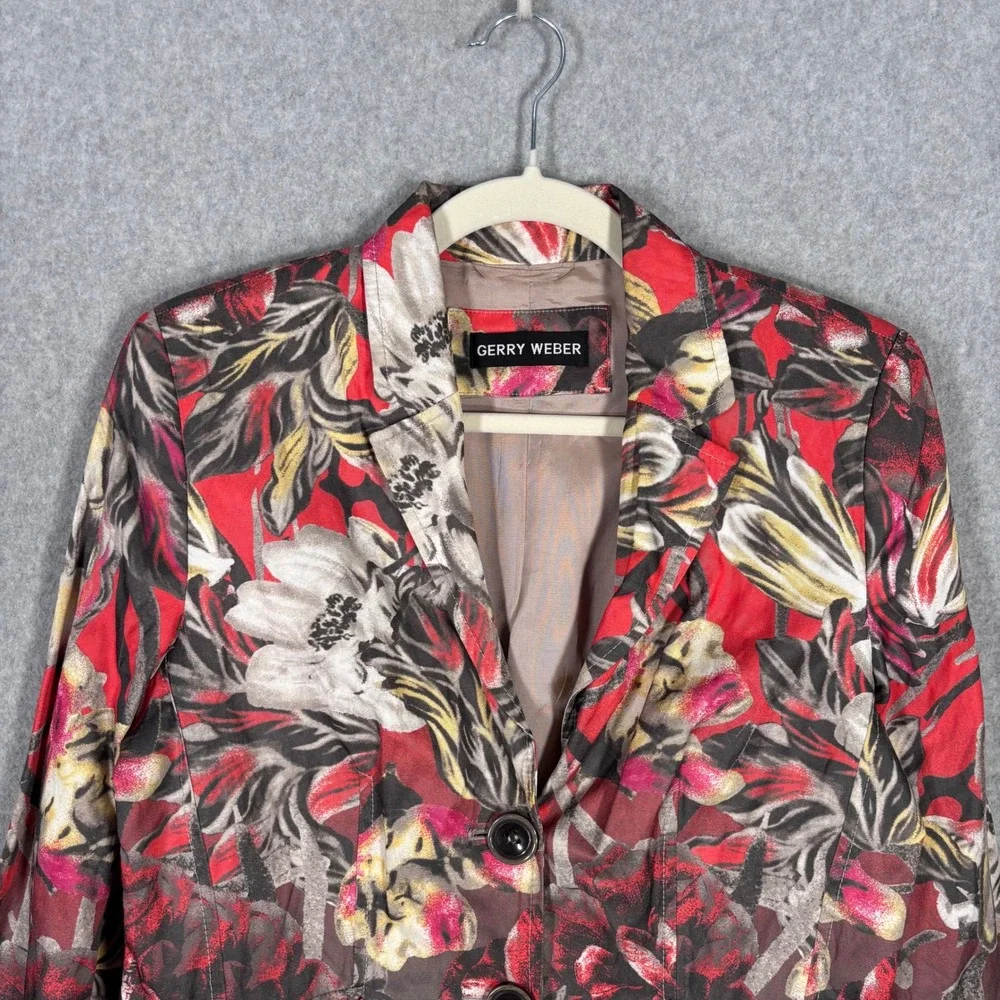 Gerry Weber Blazer Jacket Small Red Gray Pockets Artsy Abstract‎ Watercolor